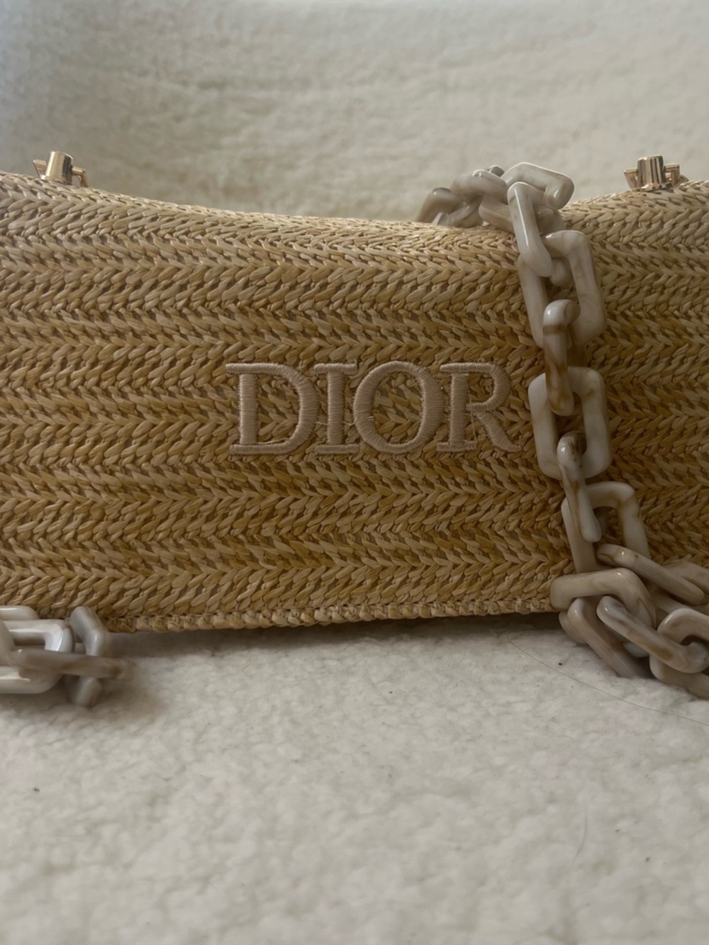 Dior Natural Raffia Upcycled Beauty to Crossbody with Marbled Beige Chain
